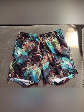 EUC Surfstyle Miami Tropical Palm Print Swim Trunks Multicolor soft teal liner